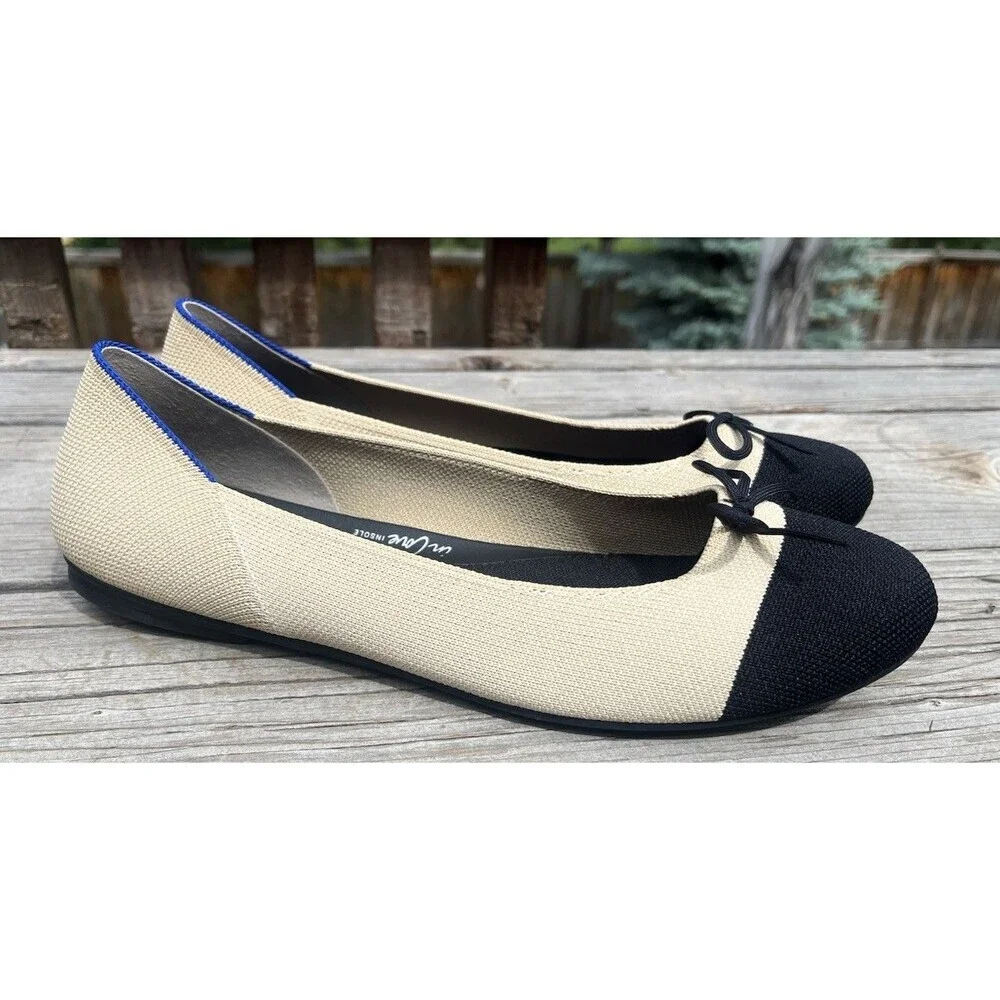 Rothy's The Ballet Flat Women's 10 Cream w/ Black Captoe Bow Accent